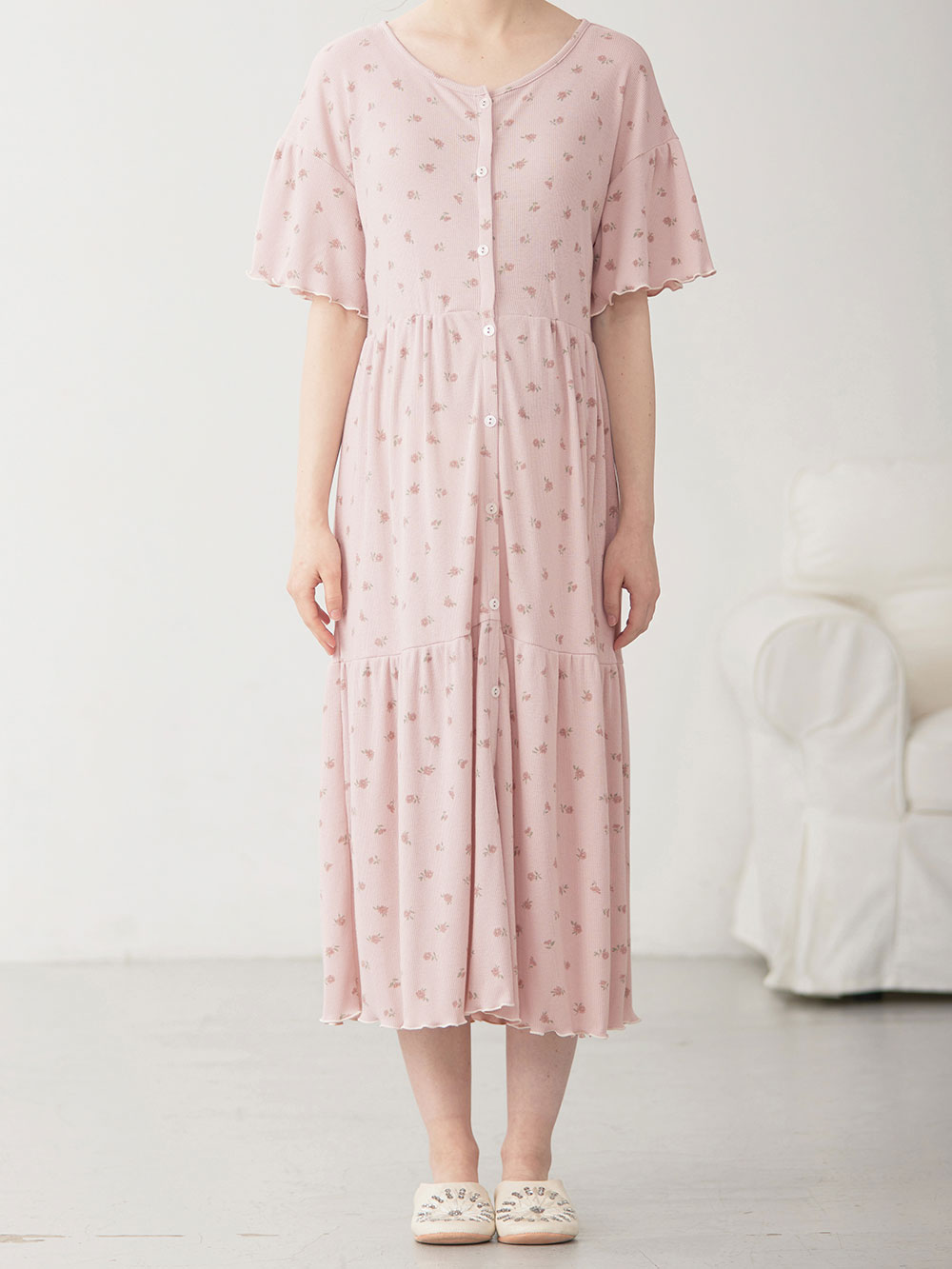 マタニティ パジャマ・ルームウェア|テレコ小花柄プリントティアードネグリジェ  マタニティ・授乳パジャマ 【出産後も長く使える】