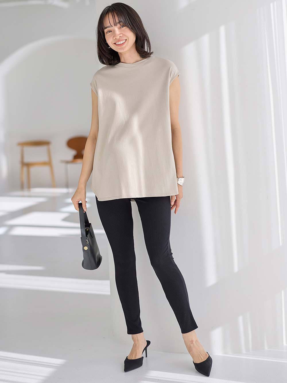 マタニティ パンツ|冷感リブらくちんレギンス　マタニティ・産後【出産後も長く使える】fairy（フェアリー）|ブラック