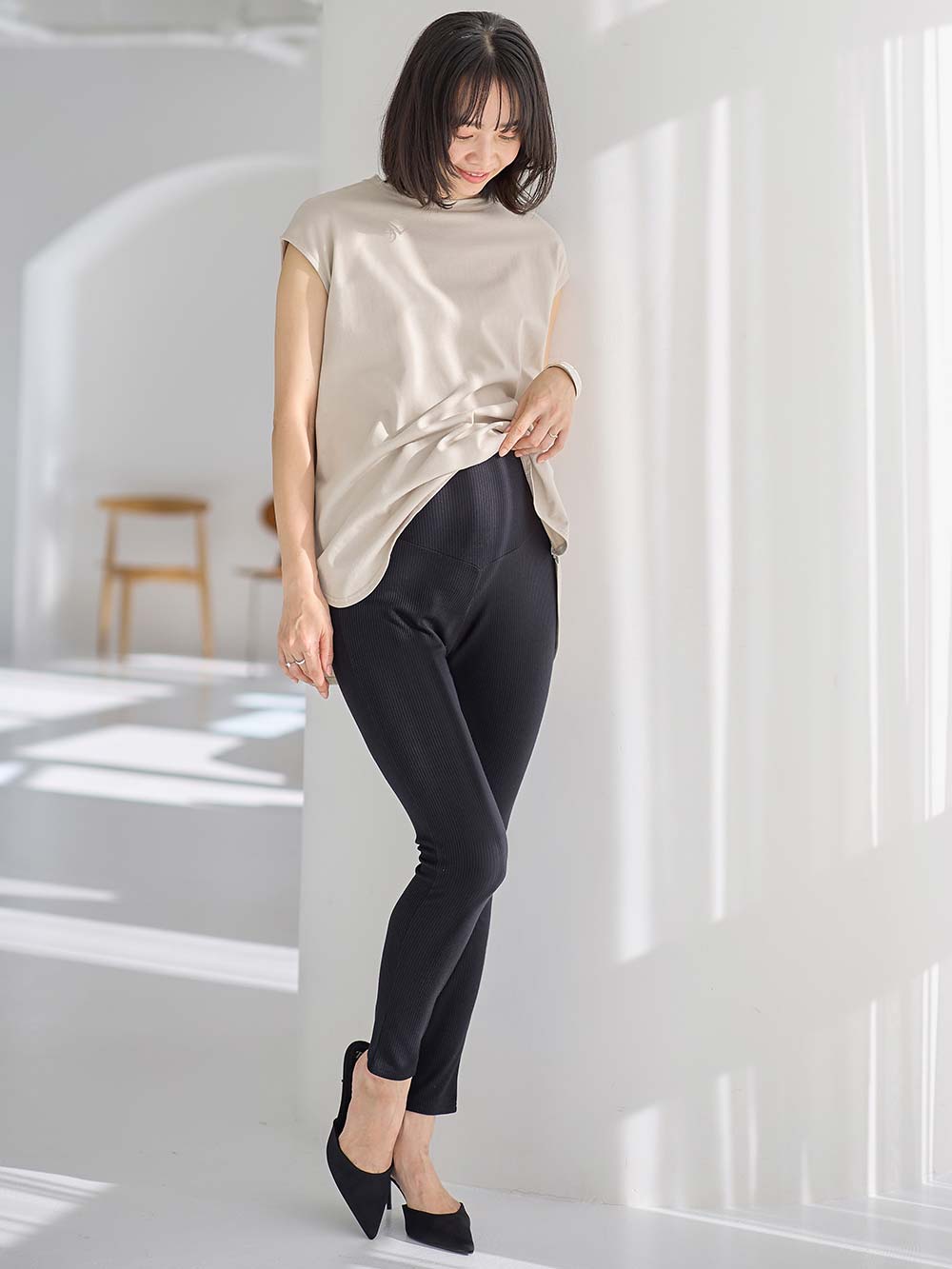 マタニティ パンツ|冷感リブらくちんレギンス　マタニティ・産後【出産後も長く使える】fairy（フェアリー）|ブラック