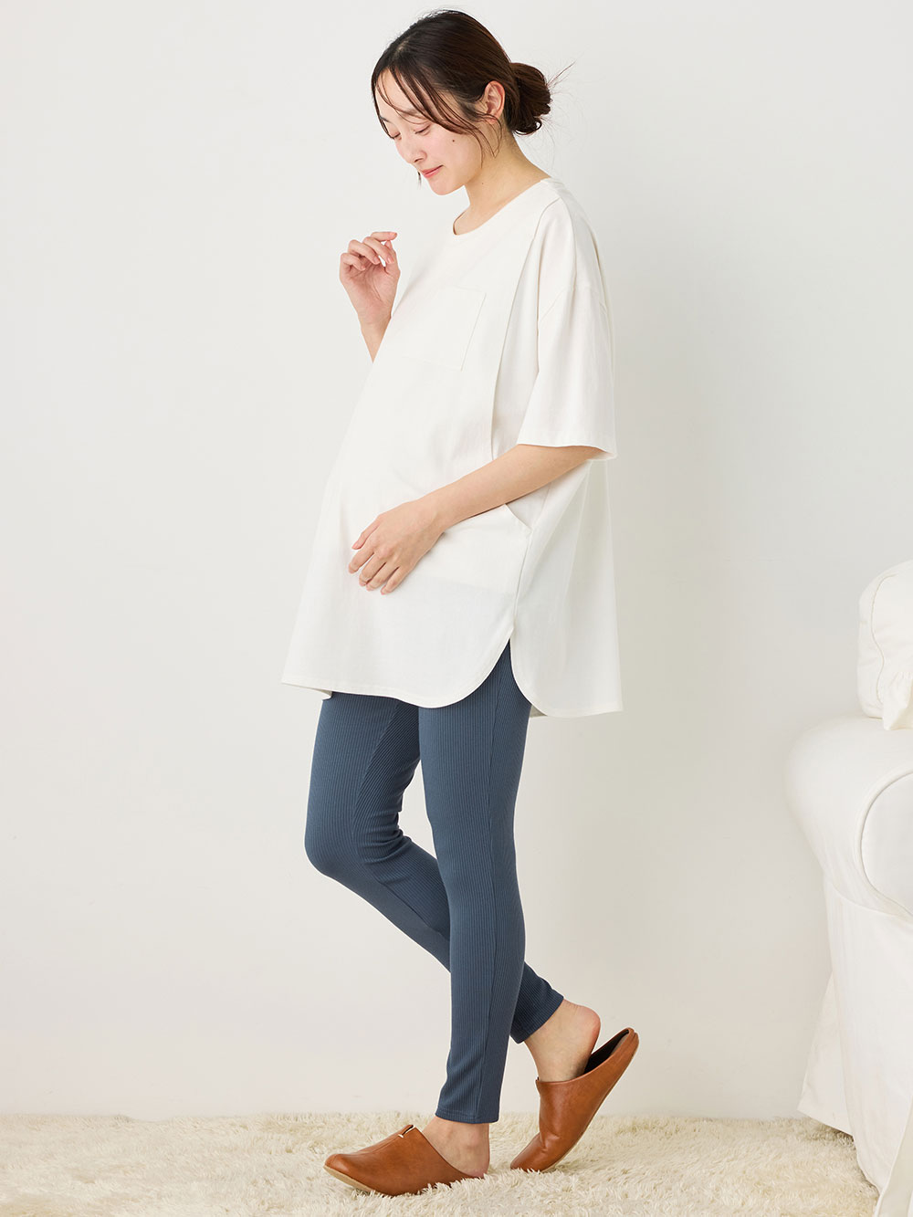 マタニティ パンツ|冷感リブらくちんレギンス　マタニティ・産後【出産後も長く使える】fairy（フェアリー）|ネイビー