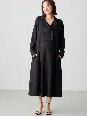 マタニティ ワンピース|カットジョーゼットダブルボタンワンピース　マタニティ・授乳服【出産後も長く使える】fairy（フェアリー）|ブラック