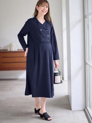 マタニティ ワンピース|カットジョーゼットダブルボタンワンピース　マタニティ・授乳服【出産後も長く使える】fairy（フェアリー）|ネイビー