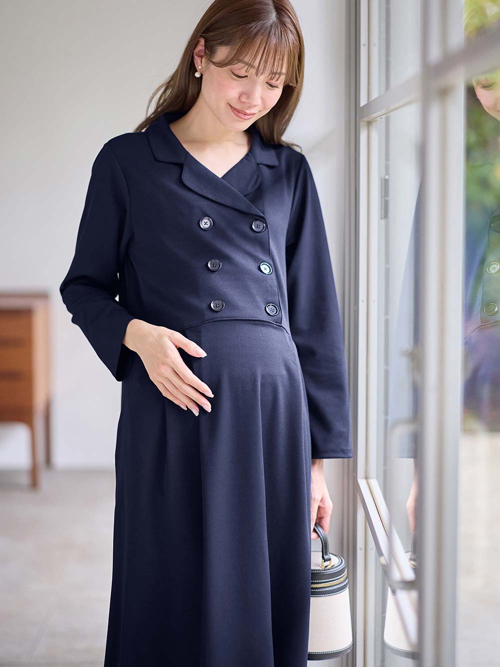 マタニティ ワンピース|カットジョーゼットダブルボタンワンピース　マタニティ・授乳服【出産後も長く使える】fairy（フェアリー）|ネイビー