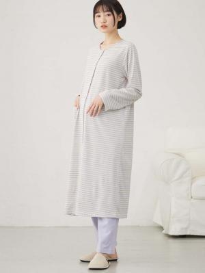マタニティ パジャマ・ルームウェア|綿混ボーダー柄ロングワンピースパジャマ　マタニティ・授乳パジャマ【出産後も長く使える】fairy（フェアリー）|ラベンダー
