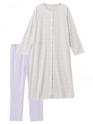 マタニティ パジャマ・ルームウェア|綿混ボーダー柄ロングワンピースパジャマ　マタニティ・授乳パジャマ【出産後も長く使える】fairy（フェアリー）|ラベンダー