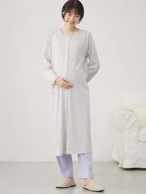 マタニティ パジャマ・ルームウェア|綿混ボーダー柄ロングワンピースパジャマ　マタニティ・授乳パジャマ【出産後も長く使える】fairy（フェアリー）|ラベンダー