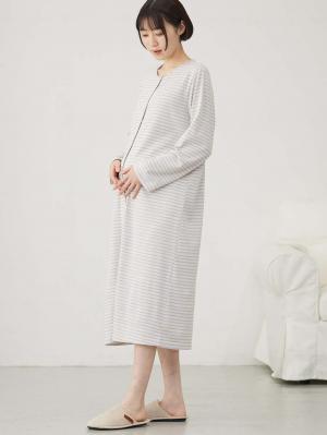 マタニティ パジャマ・ルームウェア|綿混ボーダー柄ロングワンピースパジャマ　マタニティ・授乳パジャマ【出産後も長く使える】fairy（フェアリー）|ラベンダー