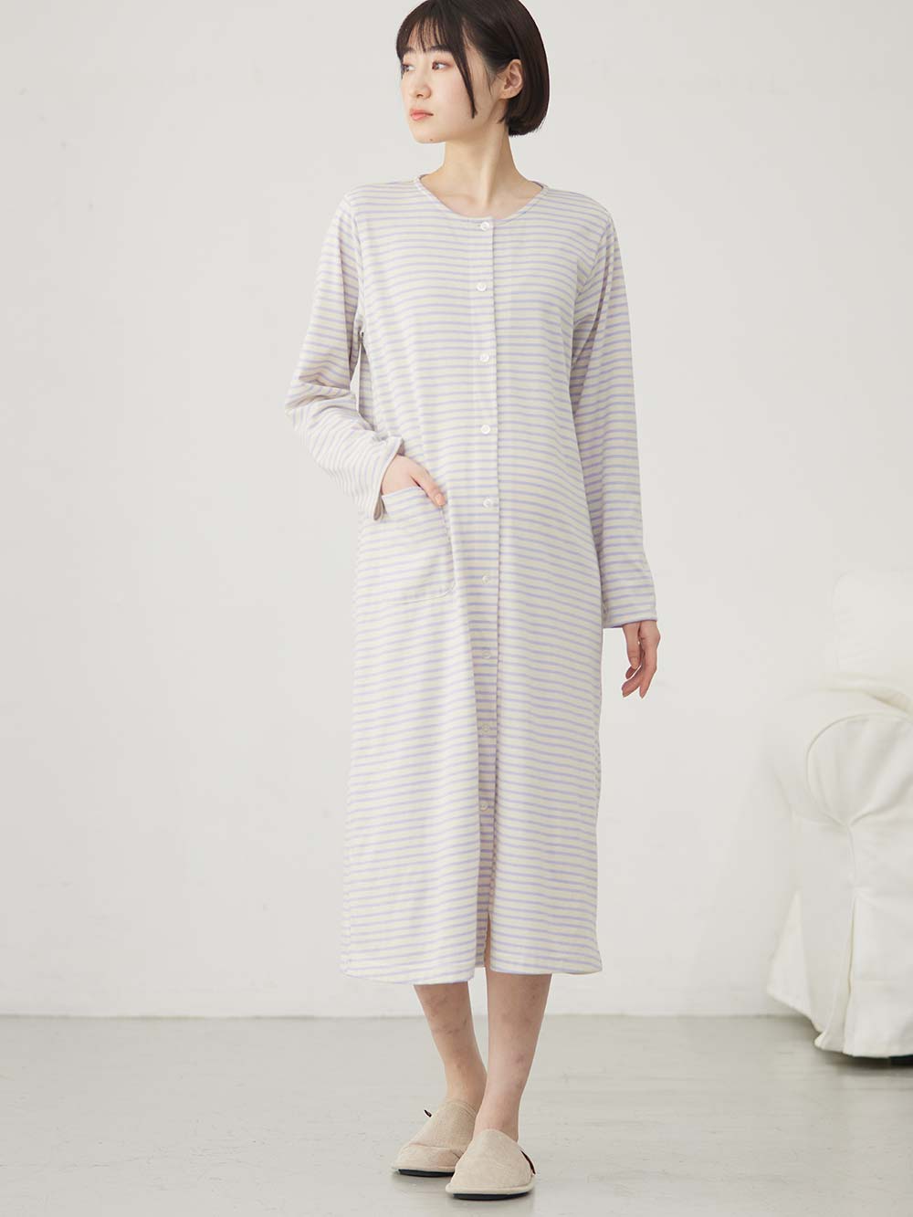 マタニティ パジャマ・ルームウェア|綿混ボーダー柄ロングワンピースパジャマ　マタニティ・授乳パジャマ【出産後も長く使える】fairy（フェアリー）|ラベンダー