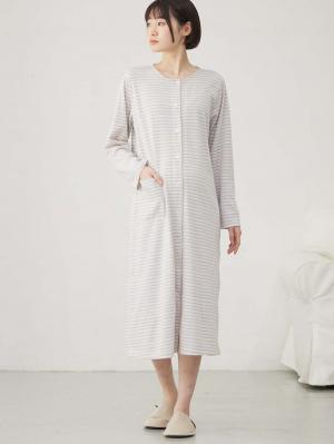 マタニティ パジャマ・ルームウェア|綿混ボーダー柄ロングワンピースパジャマ　マタニティ・授乳パジャマ【出産後も長く使える】fairy（フェアリー）|ラベンダー