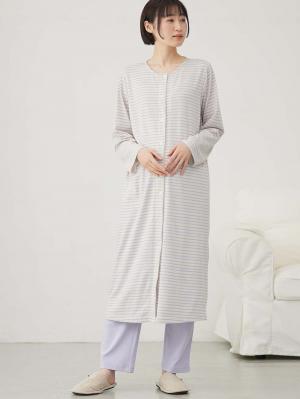 マタニティ パジャマ・ルームウェア|綿混ボーダー柄ロングワンピースパジャマ　マタニティ・授乳パジャマ【出産後も長く使える】fairy（フェアリー）|ラベンダー