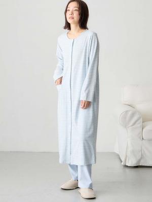 マタニティ パジャマ・ルームウェア|綿混ボーダー柄ロングワンピースパジャマ　マタニティ・授乳パジャマ【出産後も長く使える】fairy（フェアリー）|サックス
