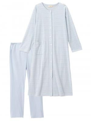 マタニティ パジャマ・ルームウェア|綿混ボーダー柄ロングワンピースパジャマ　マタニティ・授乳パジャマ【出産後も長く使える】fairy（フェアリー）|サックス