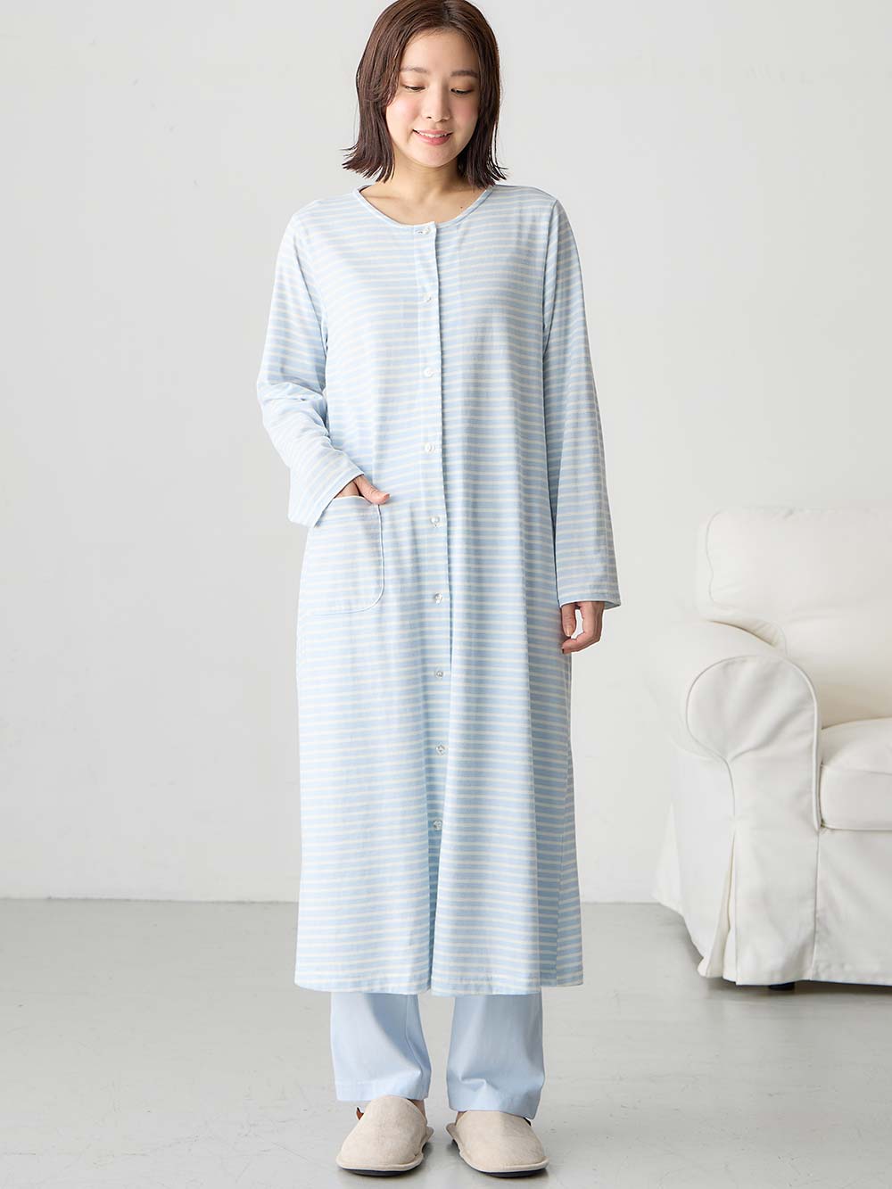 マタニティ パジャマ・ルームウェア|綿混ボーダー柄ロングワンピースパジャマ　マタニティ・授乳パジャマ【出産後も長く使える】fairy（フェアリー）|サックス