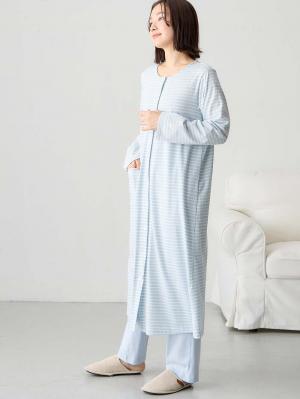 マタニティ パジャマ・ルームウェア|綿混ボーダー柄ロングワンピースパジャマ　マタニティ・授乳パジャマ【出産後も長く使える】fairy（フェアリー）|サックス