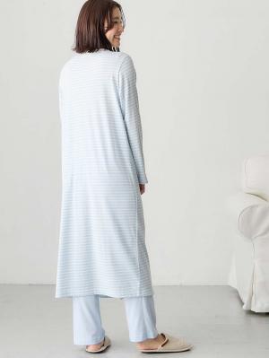 マタニティ パジャマ・ルームウェア|綿混ボーダー柄ロングワンピースパジャマ　マタニティ・授乳パジャマ【出産後も長く使える】fairy（フェアリー）|サックス