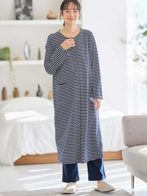 マタニティ パジャマ・ルームウェア|綿混ボーダー柄ロングワンピースパジャマ　マタニティ・授乳パジャマ【出産後も長く使える】fairy（フェアリー）|ネイビー
