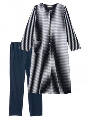 マタニティ パジャマ・ルームウェア|綿混ボーダー柄ロングワンピースパジャマ　マタニティ・授乳パジャマ【出産後も長く使える】fairy（フェアリー）|ネイビー