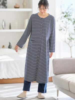 マタニティ パジャマ・ルームウェア|綿混ボーダー柄ロングワンピースパジャマ　マタニティ・授乳パジャマ【出産後も長く使える】fairy（フェアリー）|ネイビー
