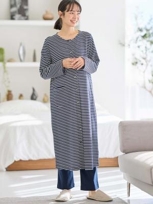 マタニティ パジャマ・ルームウェア|綿混ボーダー柄ロングワンピースパジャマ　マタニティ・授乳パジャマ【出産後も長く使える】fairy（フェアリー）|ネイビー