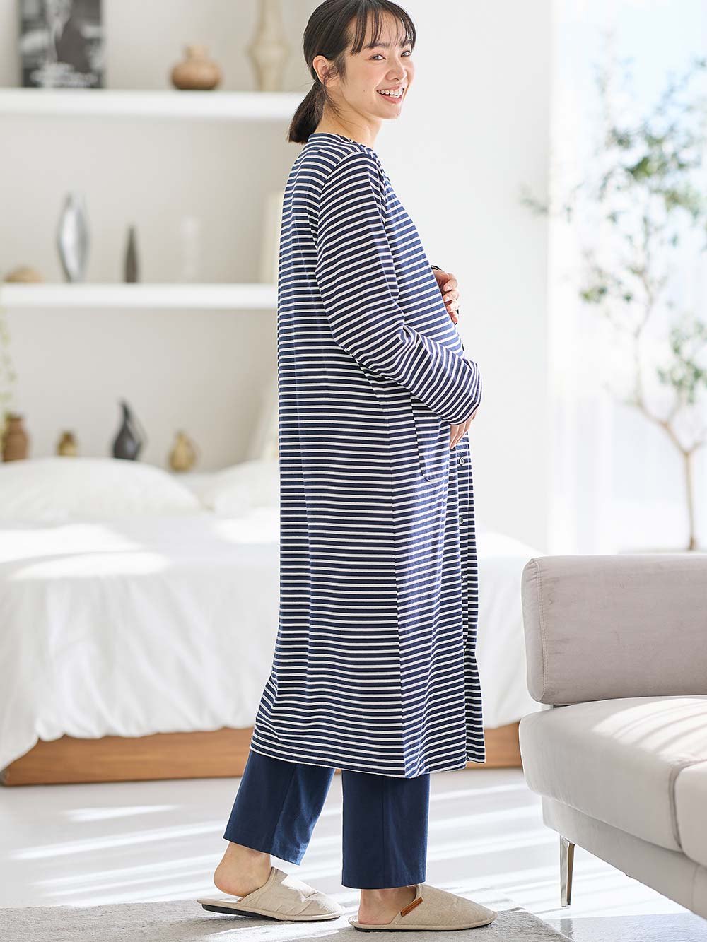 マタニティ パジャマ・ルームウェア|綿混ボーダー柄ロングワンピースパジャマ　マタニティ・授乳パジャマ【出産後も長く使える】fairy（フェアリー）|ネイビー
