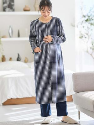 マタニティ パジャマ・ルームウェア|綿混ボーダー柄ロングワンピースパジャマ　マタニティ・授乳パジャマ【出産後も長く使える】fairy（フェアリー）|ネイビー