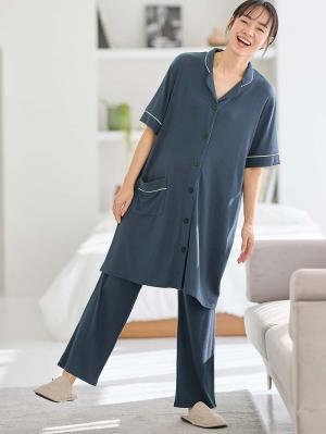 マタニティ パジャマ・ルームウェア|接触冷感リブ半袖パジャマ マタニティ・授乳パジャマ【出産後も長く使える】fairy(フェアリー)|ネイビー