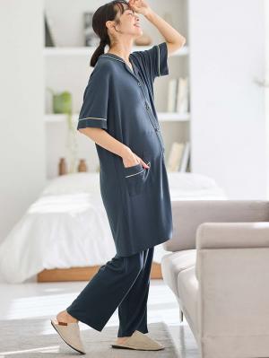 マタニティ パジャマ・ルームウェア|接触冷感リブ半袖パジャマ マタニティ・授乳パジャマ【出産後も長く使える】fairy(フェアリー)|ネイビー