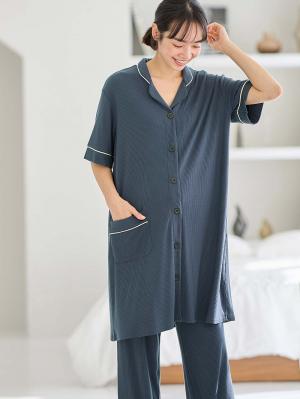 マタニティ パジャマ・ルームウェア|接触冷感リブ半袖パジャマ マタニティ・授乳パジャマ【出産後も長く使える】fairy(フェアリー)|ネイビー