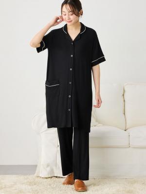 マタニティ パジャマ・ルームウェア|接触冷感リブ半袖パジャマ マタニティ・授乳パジャマ【出産後も長く使える】fairy(フェアリー)|ブラック