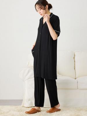 マタニティ パジャマ・ルームウェア|接触冷感リブ半袖パジャマ マタニティ・授乳パジャマ【出産後も長く使える】fairy(フェアリー)|ブラック
