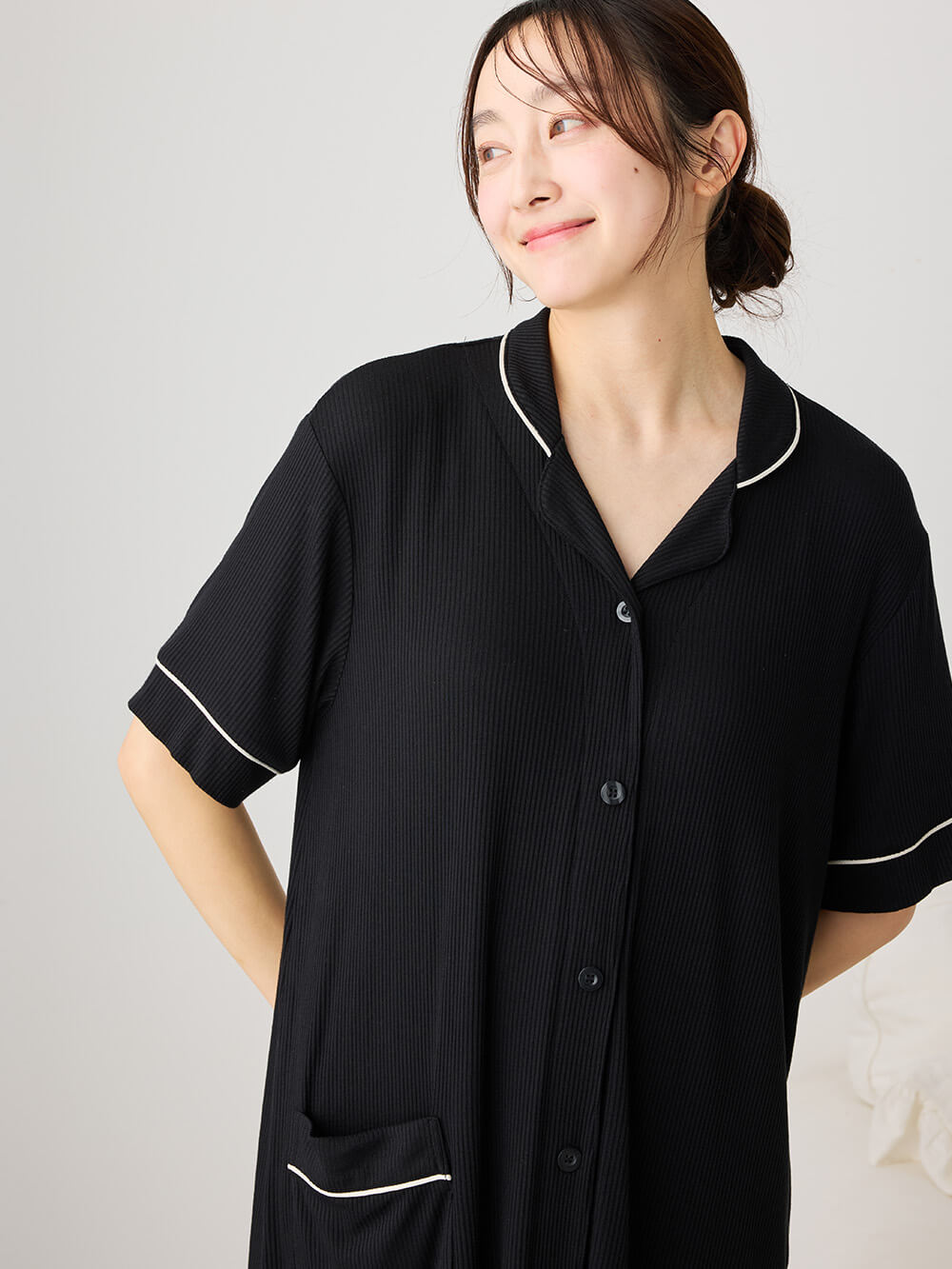 マタニティ パジャマ・ルームウェア|接触冷感リブ半袖パジャマ マタニティ・授乳パジャマ【出産後も長く使える】fairy(フェアリー)|ブラック