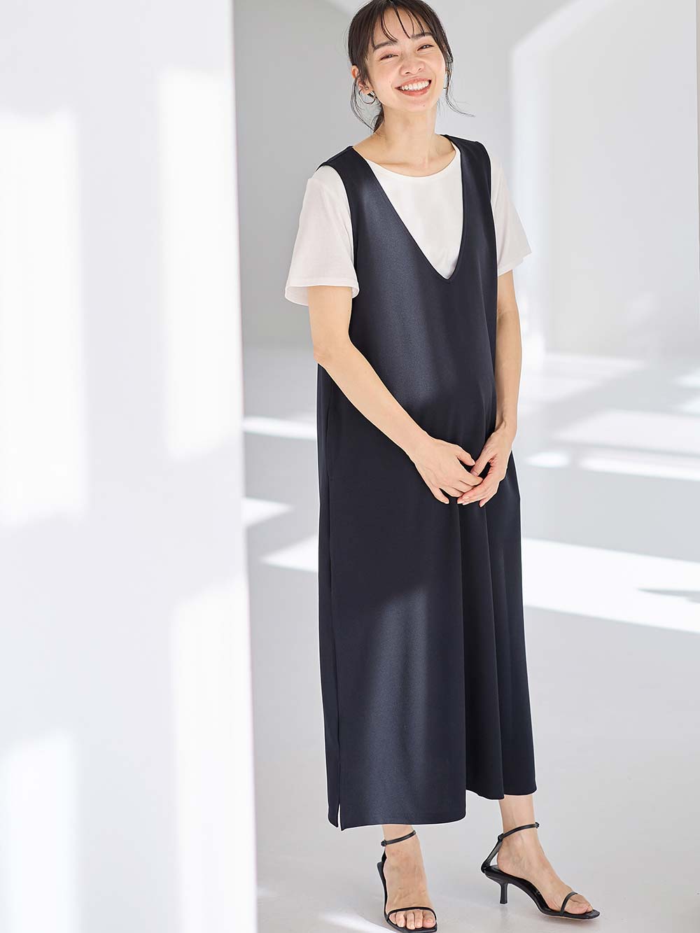 マタニティ ワンピース|ママの声から生まれたジャンパースカート+授乳トップスセット マタニティ・授乳服【出産後も長く使える】fairy(フェアリー)|ネイビー