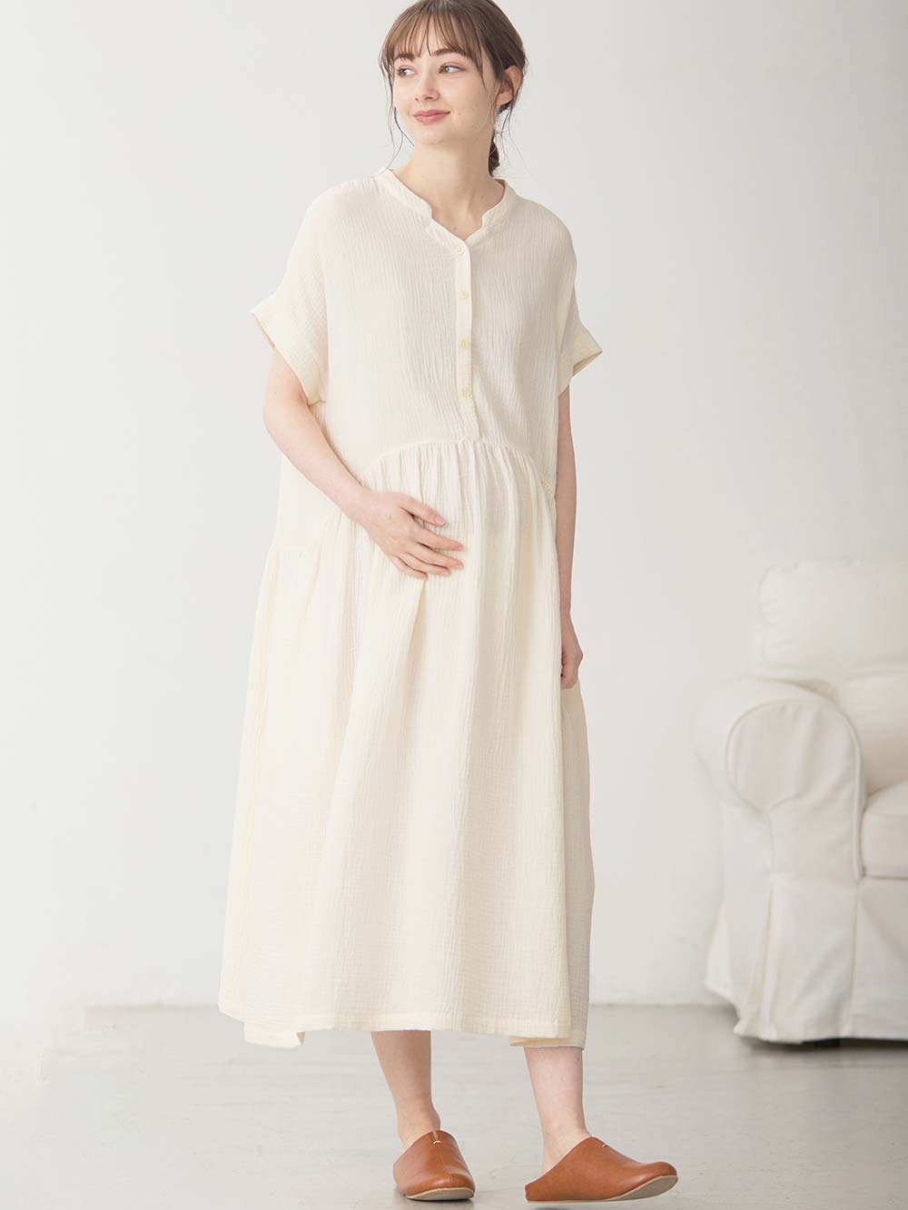 マタニティ パジャマ・ルームウェア|綿100%ポコポコガーゼ半袖ギャザーワンピースネグリジェ マタニティ・授乳パジャマ【出産後も長く使える】fairy(フェアリー)|キナリ
