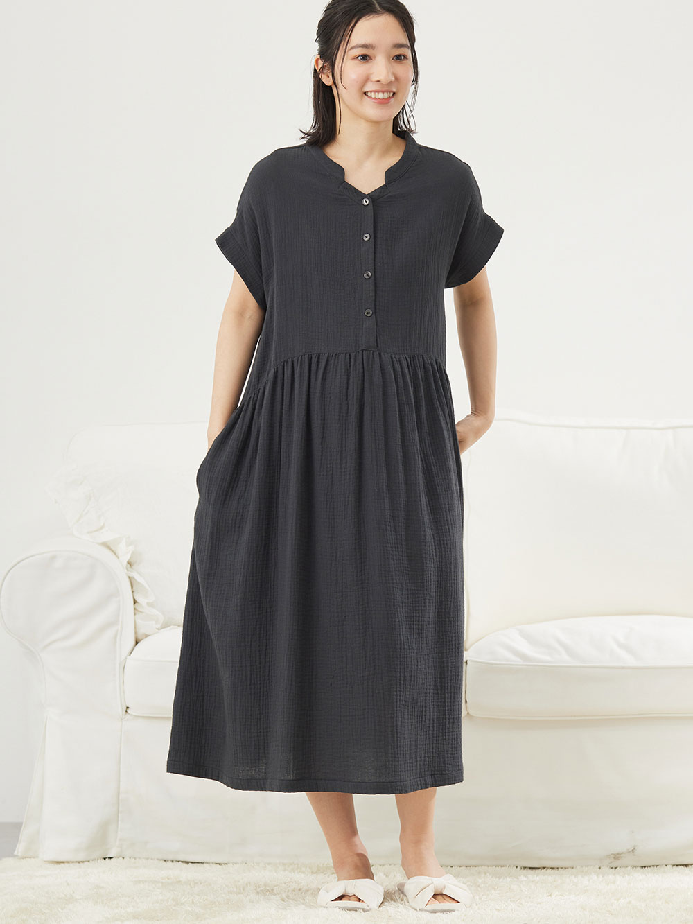 マタニティ パジャマ・ルームウェア|綿100%ポコポコガーゼ半袖ギャザーワンピースネグリジェ　マタニティ・授乳パジャマ【出産後も長く使える】fairy（フェアリー）|ネイビー