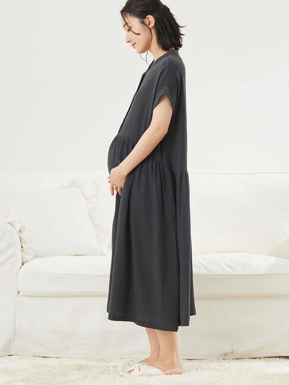 マタニティ パジャマ・ルームウェア|綿100%ポコポコガーゼ半袖ギャザーワンピースネグリジェ　マタニティ・授乳パジャマ【出産後も長く使える】fairy（フェアリー）|ネイビー