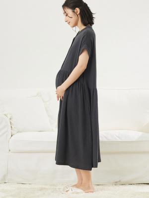 マタニティ パジャマ・ルームウェア|綿100%ポコポコガーゼ半袖ギャザーワンピースネグリジェ　マタニティ・授乳パジャマ【出産後も長く使える】fairy（フェアリー）|ネイビー