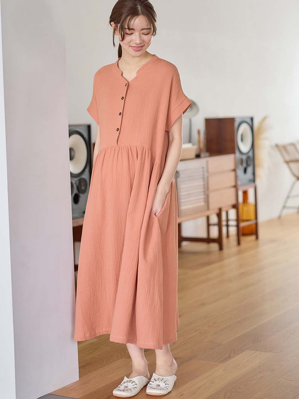 マタニティ パジャマ・ルームウェア|綿100%ポコポコガーゼ半袖ギャザーワンピースネグリジェ マタニティ・授乳パジャマ【出産後も長く使える】fairy(フェアリー)|ローズピンク