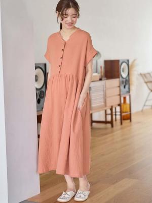 マタニティ パジャマ・ルームウェア|綿100%ポコポコガーゼ半袖ギャザーワンピースネグリジェ マタニティ・授乳パジャマ【出産後も長く使える】fairy(フェアリー)|ローズピンク