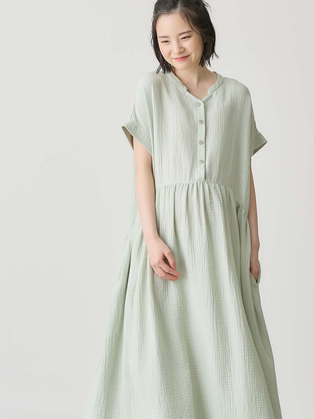 マタニティ パジャマ・ルームウェア|綿100%ポコポコガーゼ半袖ギャザーワンピースネグリジェ　マタニティ・授乳パジャマ【出産後も長く使える】fairy（フェアリー）|モスグリーン