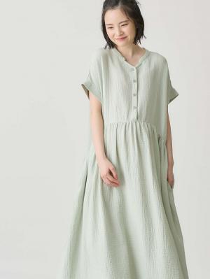 マタニティ パジャマ・ルームウェア|綿100%ポコポコガーゼ半袖ギャザーワンピースネグリジェ　マタニティ・授乳パジャマ【出産後も長く使える】fairy（フェアリー）|モスグリーン