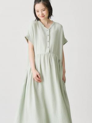 マタニティ パジャマ・ルームウェア|綿100%ポコポコガーゼ半袖ギャザーワンピースネグリジェ　マタニティ・授乳パジャマ【出産後も長く使える】fairy（フェアリー）|モスグリーン