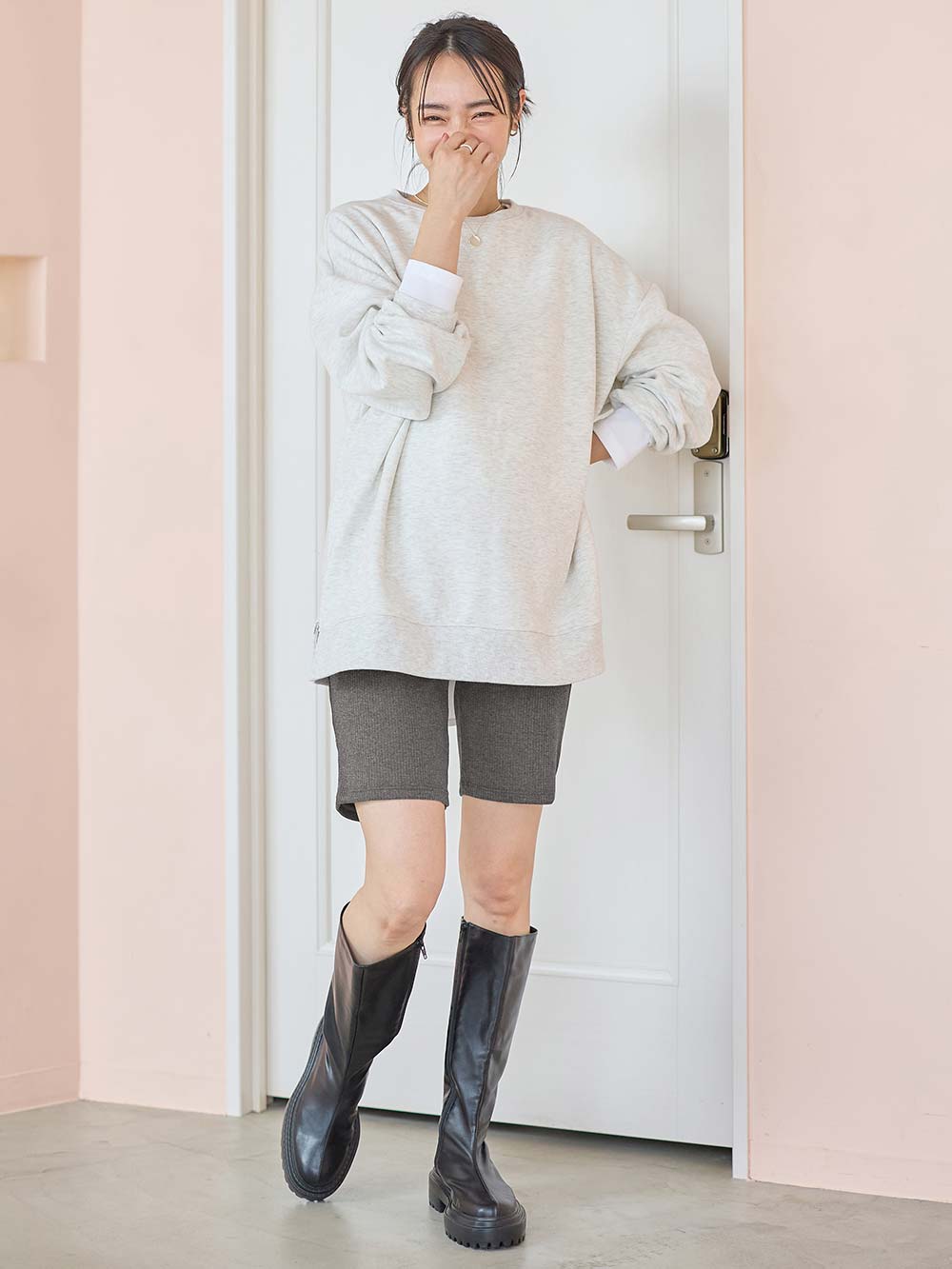 マタニティ パンツ|【選べる2丈】締め付けない綿混リブストレートレギンス【産後まで長く使える】|杢チャコール(ハーフ丈)