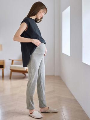 マタニティ パンツ|【選べる2丈】締め付けない綿混リブストレートレギンス【産後まで長く使える】|杢グレー