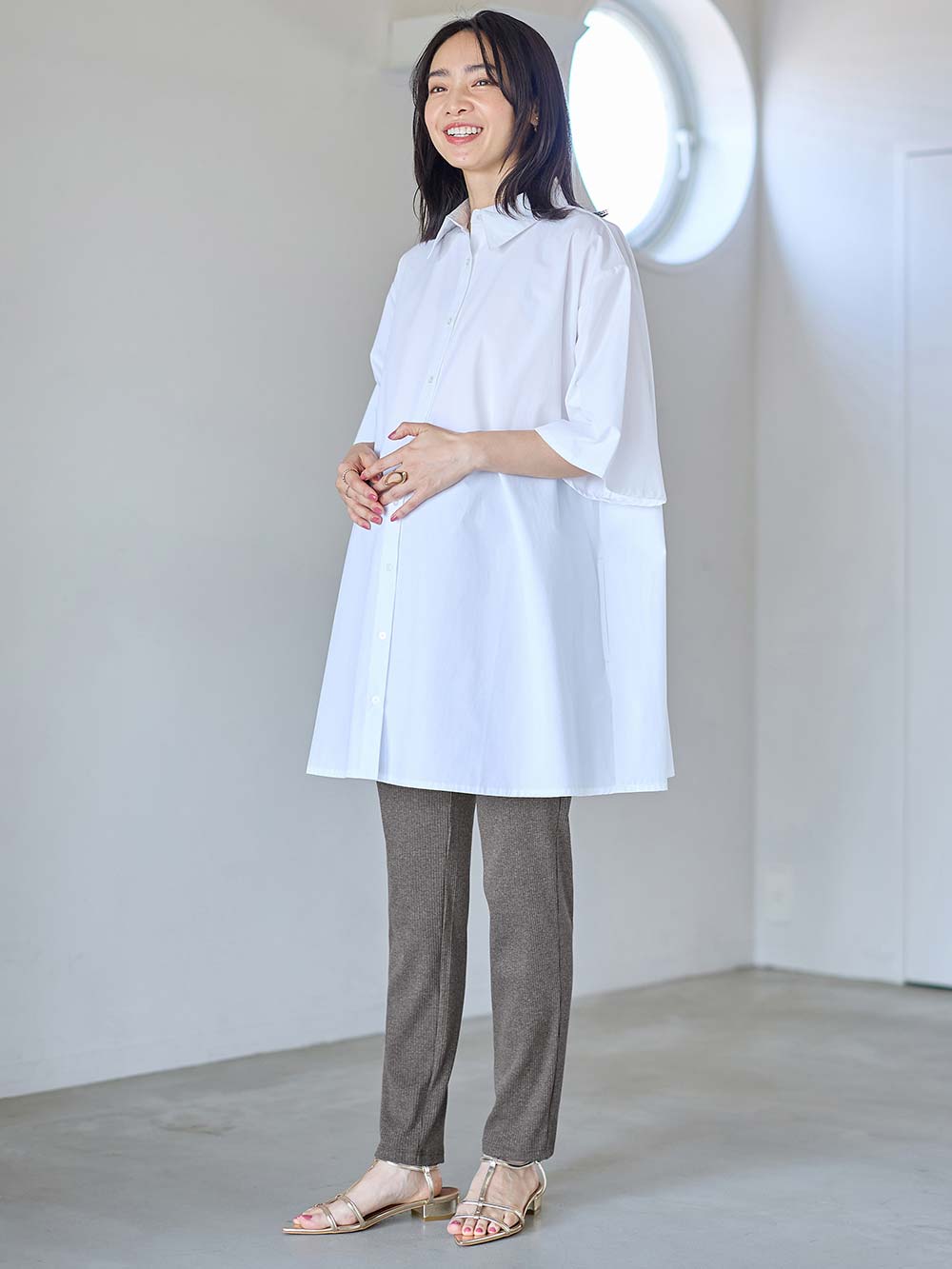 マタニティ パンツ|【選べる2丈】締め付けない綿混リブストレートレギンス【産後まで長く使える】|杢チャコール