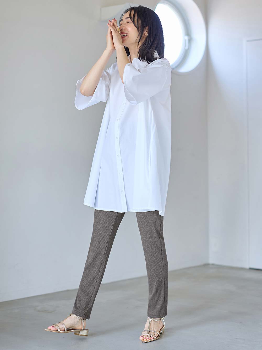 マタニティ パンツ|【選べる2丈】締め付けない綿混リブストレートレギンス【産後まで長く使える】|杢チャコール