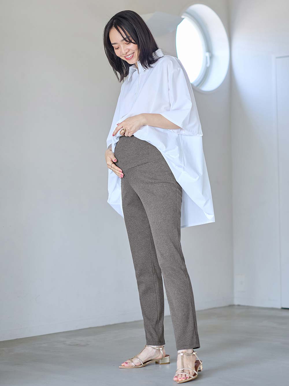 マタニティ パンツ|【選べる2丈】締め付けない綿混リブストレートレギンス【産後まで長く使える】|杢チャコール