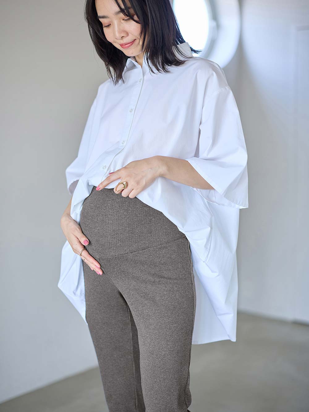 マタニティ パンツ|【選べる2丈】締め付けない綿混リブストレートレギンス【産後まで長く使える】|杢チャコール