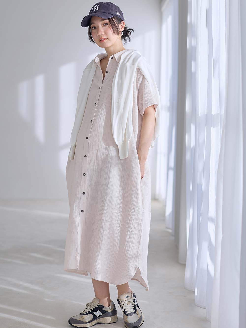 マタニティ パジャマ・ルームウェア|ぷくぷくWガーゼシャツワンピースネグリジェ　マタニティ・授乳パジャマ【出産後も長く着られる】|アイスベージュ