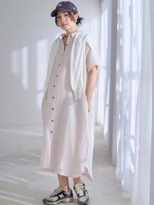 マタニティ パジャマ・ルームウェア|ぷくぷくWガーゼシャツワンピースネグリジェ　マタニティ・授乳パジャマ【出産後も長く着られる】|アイスベージュ
