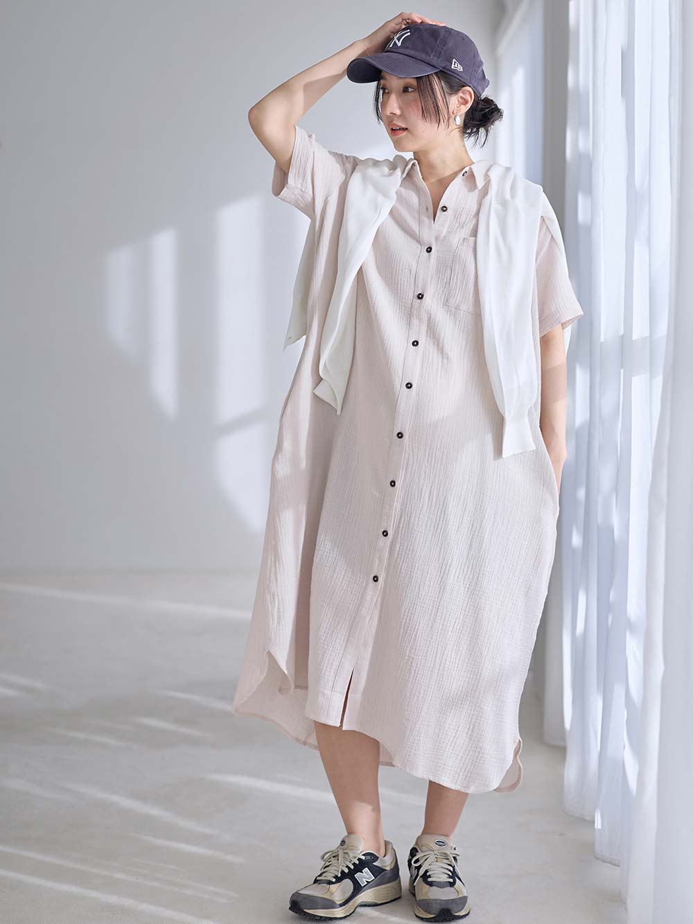 マタニティ パジャマ・ルームウェア|ぷくぷくWガーゼシャツワンピースネグリジェ　マタニティ・授乳パジャマ【出産後も長く着られる】|アイスベージュ